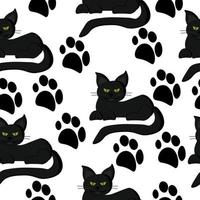 seamless pattern of black cats and paw prints on a white background vector