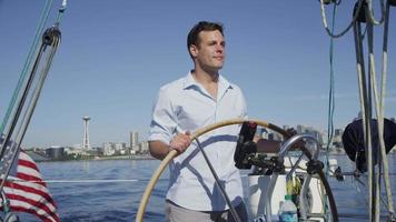 Young couple on sailboat together. Shot on RED EPIC for high quality 4K, UHD, Ultra HD resolution. video