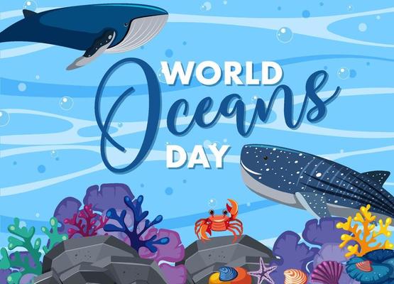 World Ocean Day banner with many different sea animals