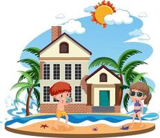 Kids in front of the beach house vector