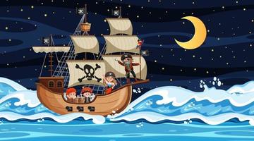 océano con barco pirata en la escena nocturna en estilo de dibujos animados vector
