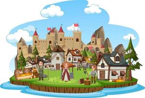 Medieval village with villagers on white background vector