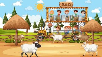 Safari at day time scene with many kids watching sheep group vector