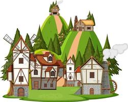 Medieval village scene on white background vector