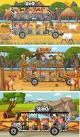 Conjunto de diferentes escenas horizontales de safari con personajes de dibujos animados de animales y niños vector