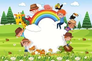 Empty cloud banner with kids and zoo animals in the park vector