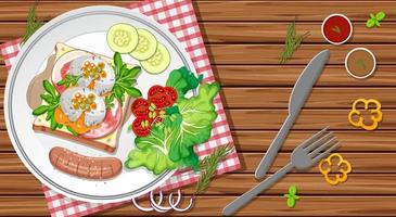 Breakfast set in a dish in cartoon style on the table vector