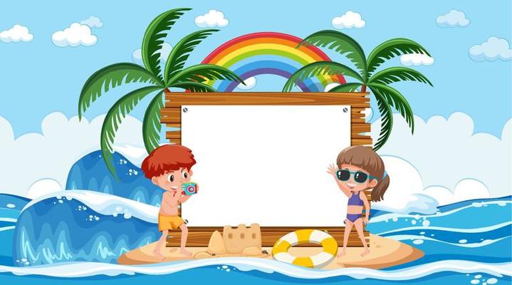 Empty banner template with kids on vacation at the beach daytime scene