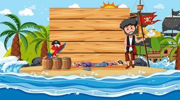 Pirate man and parrot bird at the beach daytime scene with an empty banner template vector