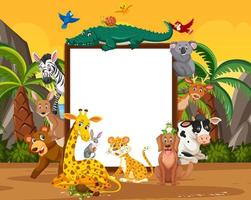 Empty wooden frame with various wild animals in the forest vector