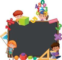 Empty blackboard with school kids and math objects vector