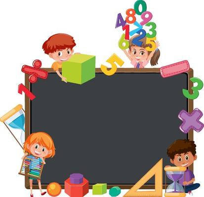 Empty blackboard with school kids and math objects