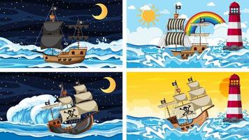 Conjunto de diferentes escenas de playa con barco pirata. vector