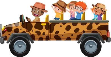 Zoo concept with children on tourist car isolated on white background vector