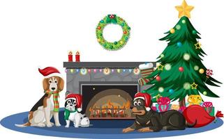 Fireplace with many dogs and Christmas decorations vector