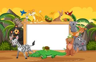 Empty wooden frame with various wild animals in the forest vector