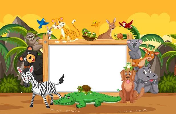 Empty wooden frame with various wild animals in the forest