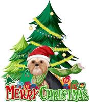 Merry Christmas font with yorkshire terrier dog and Christmas tree vector