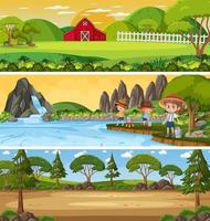 paisaje de naturaleza diferente en la escena diurna con personaje de dibujos animados vector