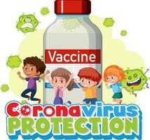 protección contra el coronavirus con personaje de dibujos animados infantil y botella de vacuna vector