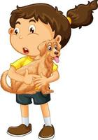 personaje de dibujos animados de niña feliz abrazando a un lindo perro vector