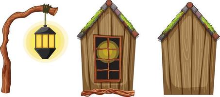 cabaña de madera de fantasía y linterna vector