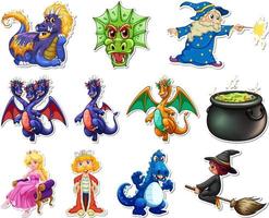 Sticker set with different fairytale cartoon characters vector