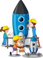 Children building rocket together on white background vector