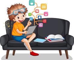 Boy sitting on couch learning from tablet vector