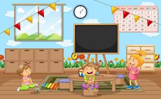 Kindergarten room scene with many little kids vector