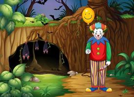 Escena del bosque oscuro con personaje de dibujos animados de payaso espeluznante vector