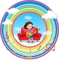 Happy girl playing guitar in rainbow round frame with melody symbol vector