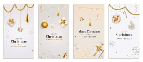 plantilla navideña para historias de redes sociales. historia de fondo de Navidad con cajas de regalo realistas, bolas de color blanco y dorado. vector