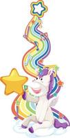 Unicorn sitting on the cloud with rainbow on white background vector