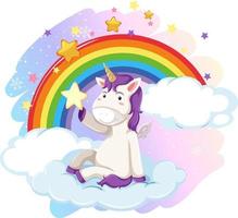 lindo unicornio en el cielo pastel con arcoiris vector