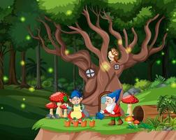 Escena de bosque de fantasía con familia de gnomos. vector