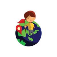 niño viaja en un globo terráqueo. Ilustración de vector de personaje sobre el tema turismo mundial