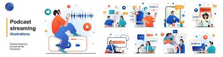 Podcast streaming isolated set. Online broadcast or recording of interviews. People collection of scenes in flat design. Vector illustration for blogging, website, mobile app, promotional materials.