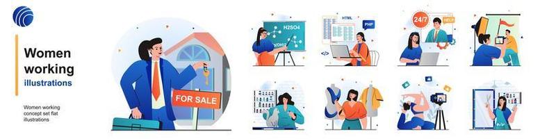 mujeres que trabajan conjunto aislado. inmobiliaria, docente, programadora, operadora y otros. colección de personas de escenas en diseño plano. ilustración vectorial para blogs, sitios web, aplicaciones móviles, materiales promocionales. vector