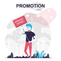 promoción aislada concepto de dibujos animados. El hombre anuncia una oferta especial, atrae compradores, comercializa la escena de la gente en diseño plano. ilustración vectorial para blogs, sitios web, aplicaciones móviles, materiales promocionales. vector