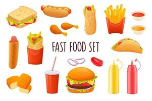 icono de comida rápida en diseño 3d realista. paquete de sándwich, hot dog, papas fritas, tacos, gaseosa, hamburguesa, salsas y otros. colección de menú poco saludable. ilustración vectorial aislado sobre fondo blanco. vector