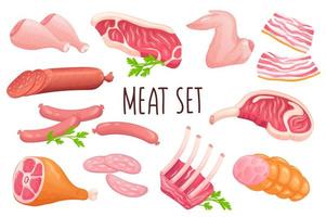 Meat icon set in realistic 3d design. Bundle of chicken wings and legs, steak, ribs, bacon, ham, sausages and other. Butcher shop products collection. Vector illustration isolated on white background