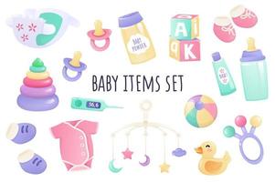 Baby items icon set in realistic 3d design. Bundle of diaper, pacifier, powder, cream, bottle, clothes, toys and other. Newborn accessory collection. Vector illustration isolated on white background