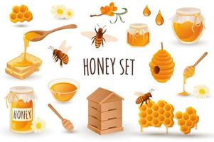 Honey production icon set in realistic 3d design. Bundle of bees, honeycomb, apiary, toast, beehive, jar with honey and other. Beekeeping collection. Vector illustration isolated on white background