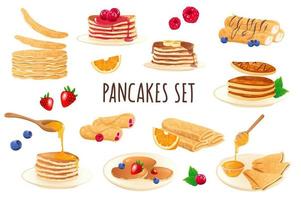 Pancakes icon set in realistic 3d design. Bundle of stacks of pancakes with different filling, berries, honey, chocolate and other. Cooking collection. Vector illustration isolated on white background