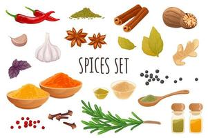 Spices icon set in realistic 3d design. Bundle of chilli, cinnamon, garlic, ginger, rosemary, nutmeg, cloves, star anise and other. Cooking collection. Vector illustration isolated on white background