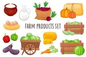 Farm products icon set in realistic 3d design. Bundle of milk, cheese, eggs, watermelons, various types of vegetables. Agriculture market collection. Vector illustration isolated on white background