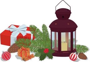 Christmas and new year decorations selection with vintage lantern vector illustration