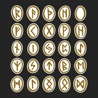 Scandinavian magic runes Fortune teller prediction Witchcraft tool Golden coloured  ink illustration set of elements Isolated on dark background vector