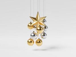 Christmas balls hanging with a star on white background. photo
